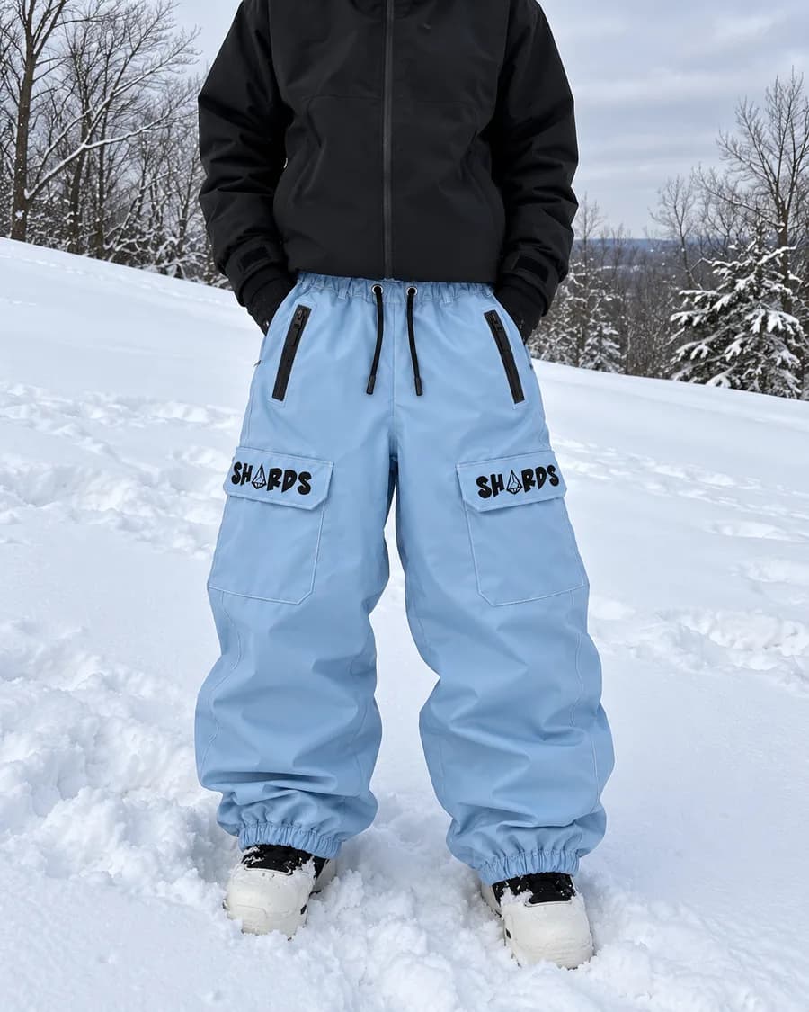 Light blue SHARDS cargo snowpant, front view