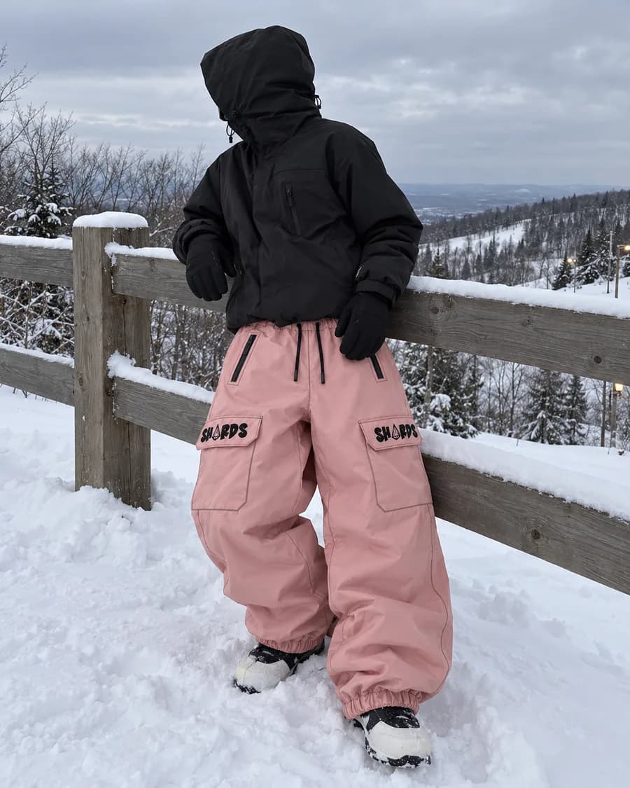 Pink SHARDS cargo snowpant, front view
